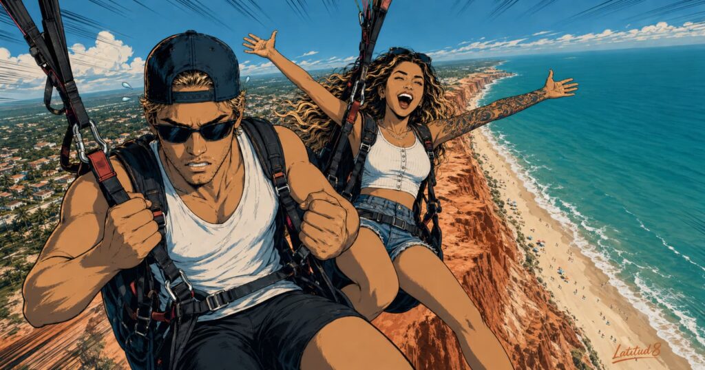Keith white-knuckling a paragliding harness above Canoa Quebrada cliffs, Steffany arms open and serene beside him, red cliffs and ocean below