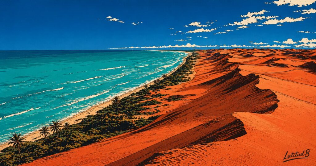 The Ceará coastline from above — red sand dunes meeting turquoise ocean, the scale and colour of it clear from altitude