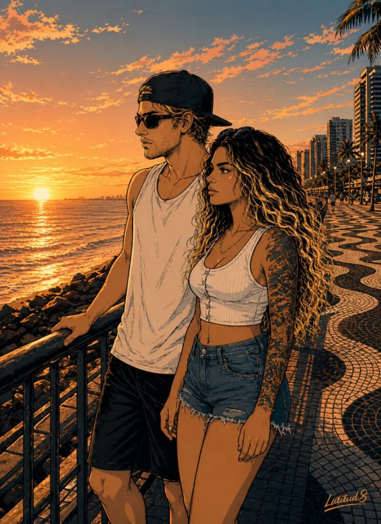 Keith and Steffany on the Beira Mar promenade at golden hour, looking out at the ocean, quietly certain and completely at home
