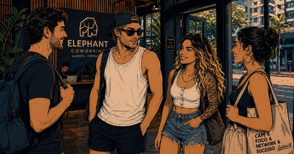 Keith and Steffany talking with two others near the entrance of a Fortaleza coworking space at the end of the working day