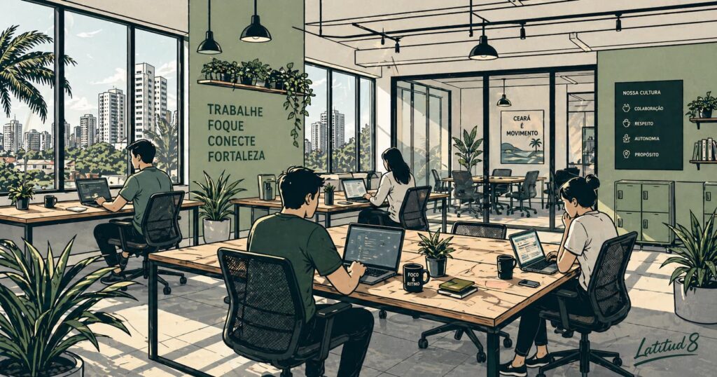 Interior of a Fortaleza coworking space in Aldeota — open desks, warm lighting, plants, people working