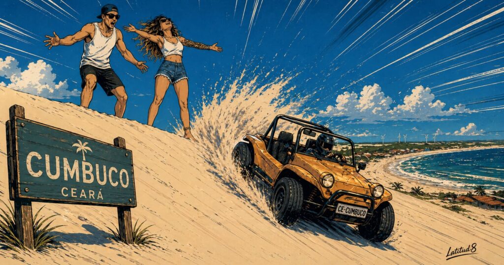 Keith and Steffany standing on a Cumbuco sand dune watching a beach buggy race down the slope ahead of them, both visibly thrilled