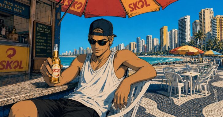 Keith at a Beira Mar beach kiosk with a cold Skol in hand, Fortaleza city skyline stretching behind him in afternoon sun