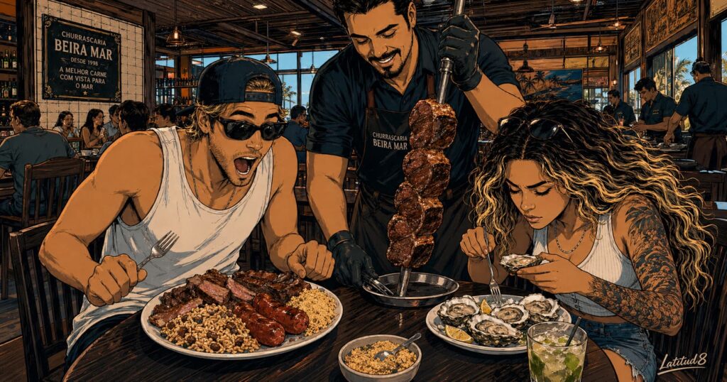Keith and Steffany at a churrascaria table as a server arrives with a meat skewer, both in their element but with entirely different priorities