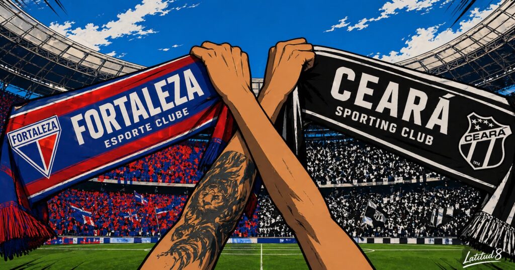 Two football scarves side by side — Fortaleza EC red and blue and Ceará SC black and white — held up in a stadium