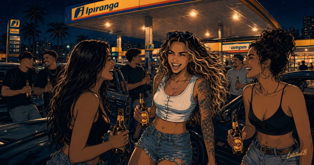 Steffany at a Fortaleza petrol station forecourt at night with friends, cold Skol longnecks in hand, car door open beside them