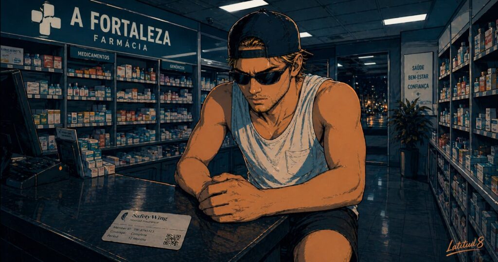 Keith in a Fortaleza pharmacy late at night, SafetyWing card visible on the counter, looking relieved
