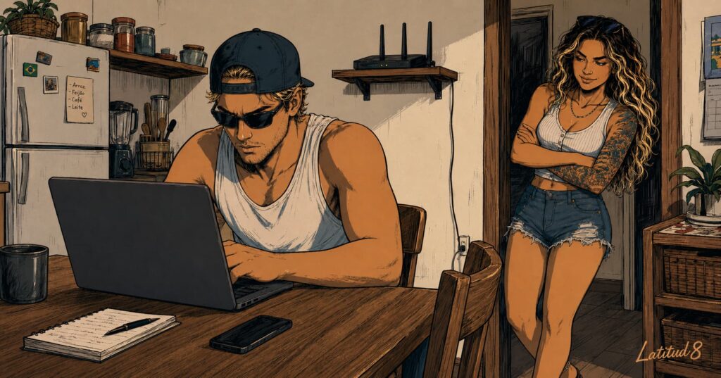 Keith working on a laptop at a kitchen table in a Fortaleza home on a video call, Steffany leaning in the doorframe behind him