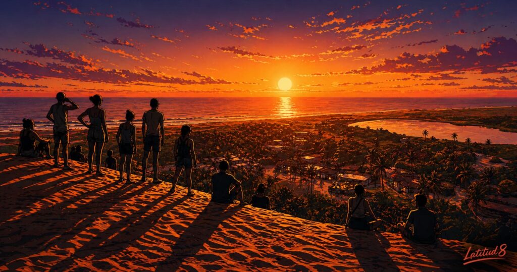 View from the Jericoacoara sunset dune — the village, ocean, and lagoon below, silhouetted figures watching the sun set on the horizon