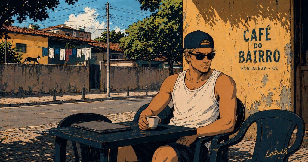 Keith sitting alone outside a Fortaleza neighbourhood café, cafezinho in front of him, laptop closed, watching the quiet street go by