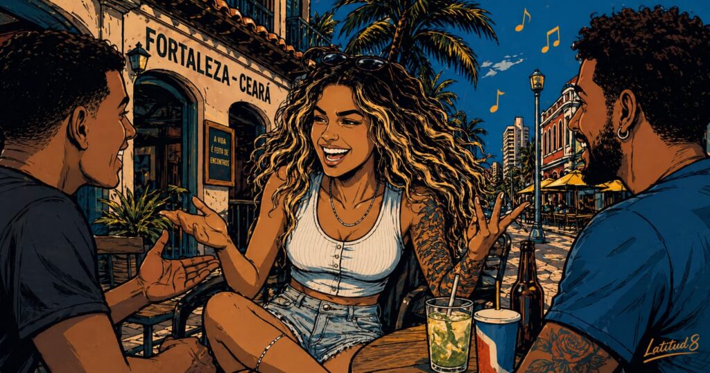 Steffany in animated conversation with a group of Fortaleza locals, gesturing expressively, the warmth of the exchange obvious