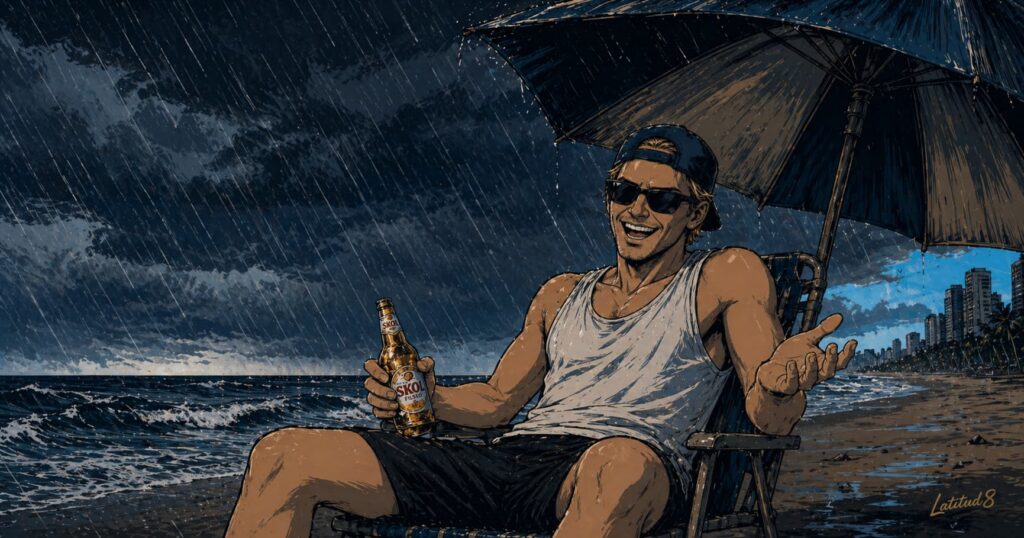 Keith sitting under a beach umbrella in a Fortaleza tropical downpour, cold Skol in hand, entirely unbothered, blue sky visible at the storm's edge