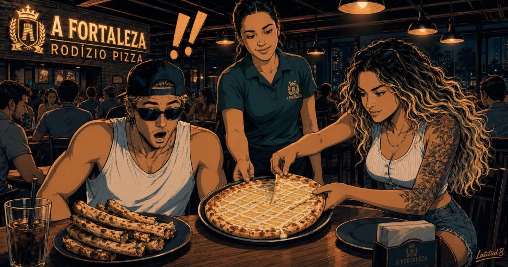 Keith and Steffany at a Fortaleza rodízio table as a server presents a sweet condensed milk pizza — Keith stunned, Steffany already reaching for a slice