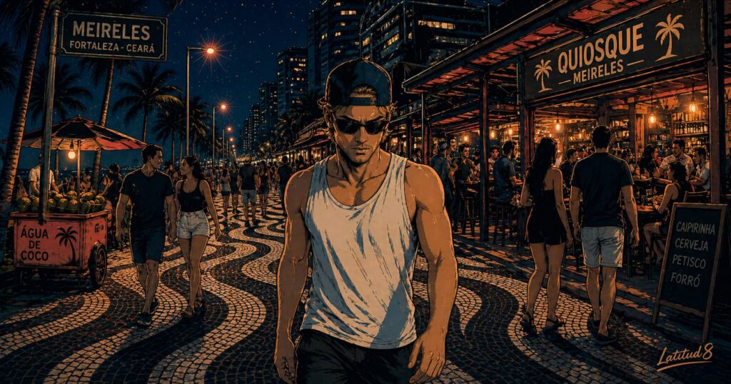Keith walking along a well-lit Meireles street at night, beach kiosks open behind him, other figures nearby, relaxed and unhurried