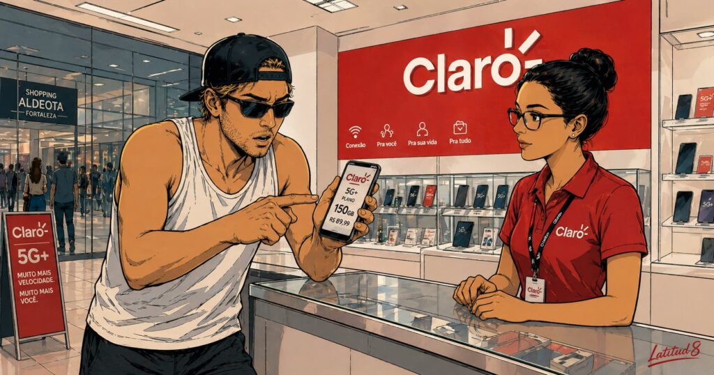 Keith at a Claro mobile store counter holding up his phone mid-explanation, mildly exasperated, sales assistant watching patiently