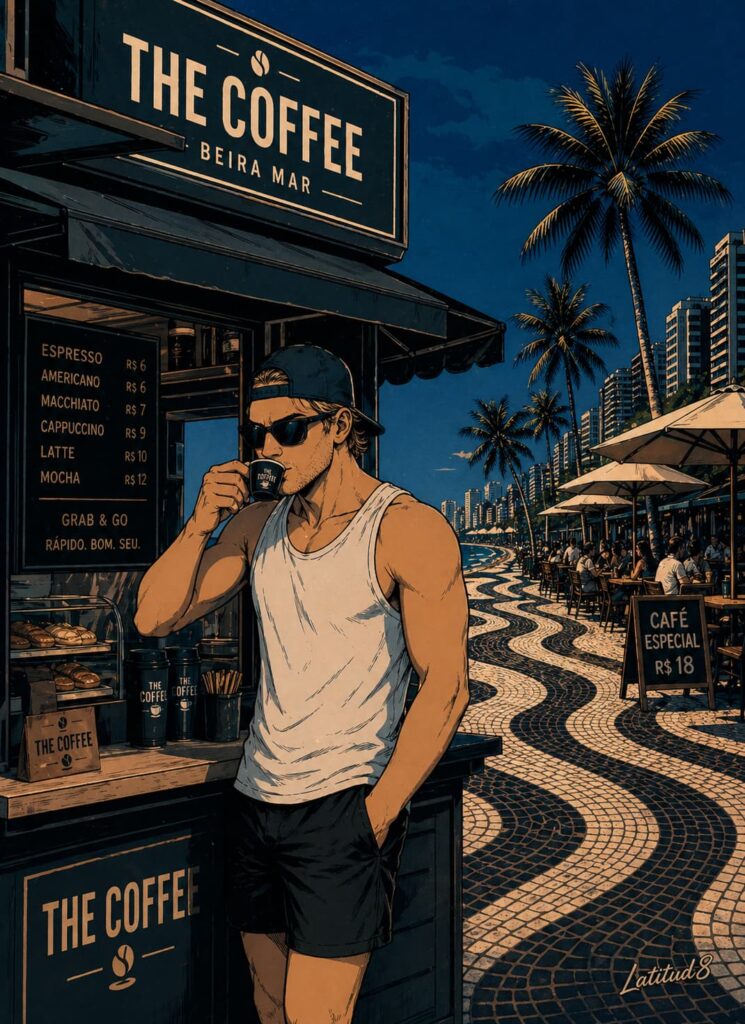 Keith at a The Coffee grab-and-go kiosk in Fortaleza, espresso in hand, the pricier Beira Mar strip visible in the background