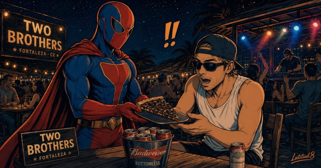 Keith at Two Brothers restaurant in Fortaleza being offered a chocolate pizza slice by a person in a full superhero costume