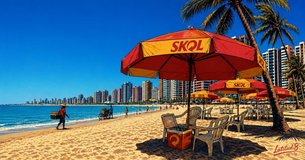Fortaleza beach scene under a brilliant blue sky — Skol umbrellas, calm ocean, strong Atlantic light, city towers behind