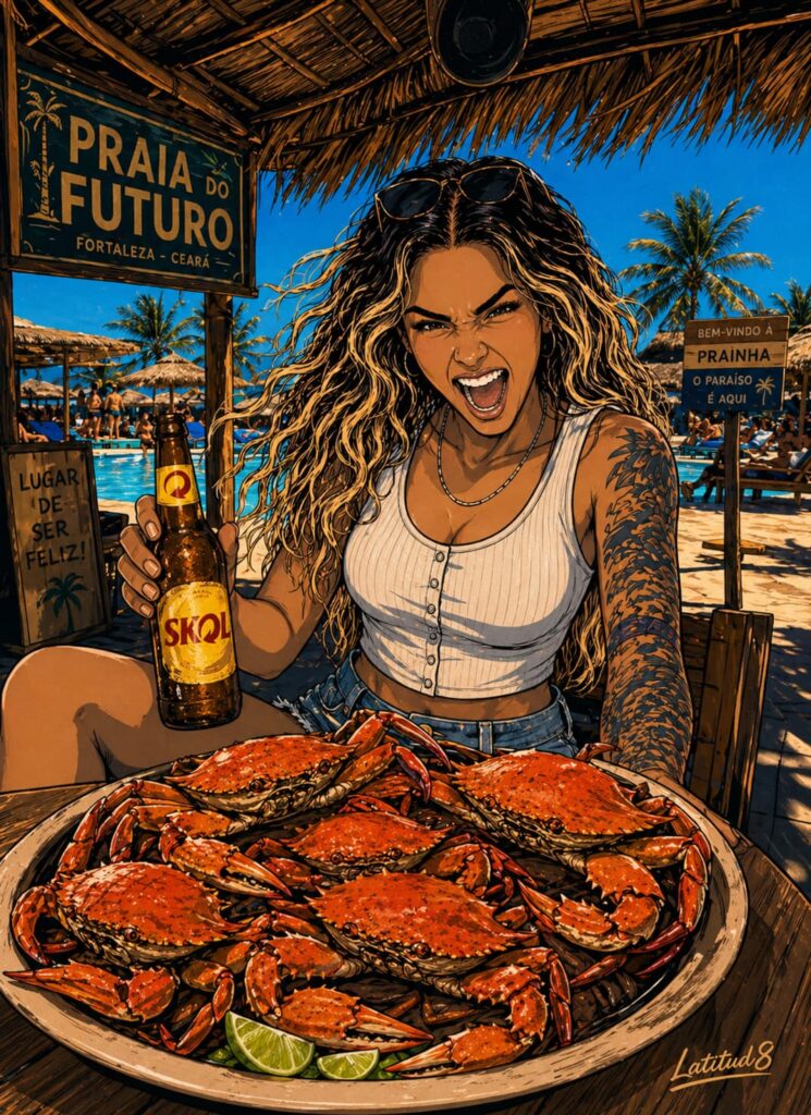 Steffany at a Praia do Futuro barraca table, plate of crabs in front of her, cold Skol in hand, pool and thatched roof in the background.