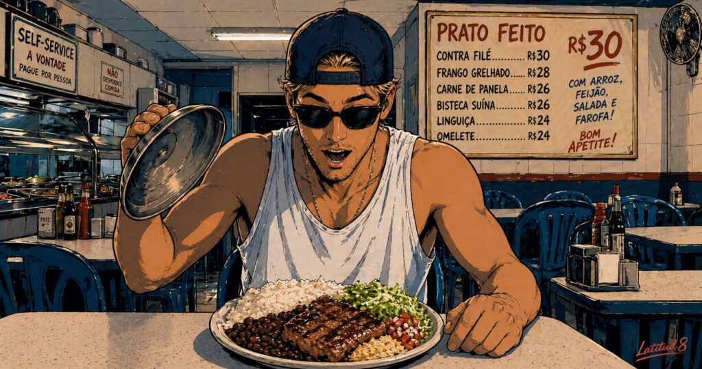 Keith at a small local Fortaleza restaurant lifting the lid off a covered prato feito plate — rice, beans, protein, salad — wide-eyed delight.
