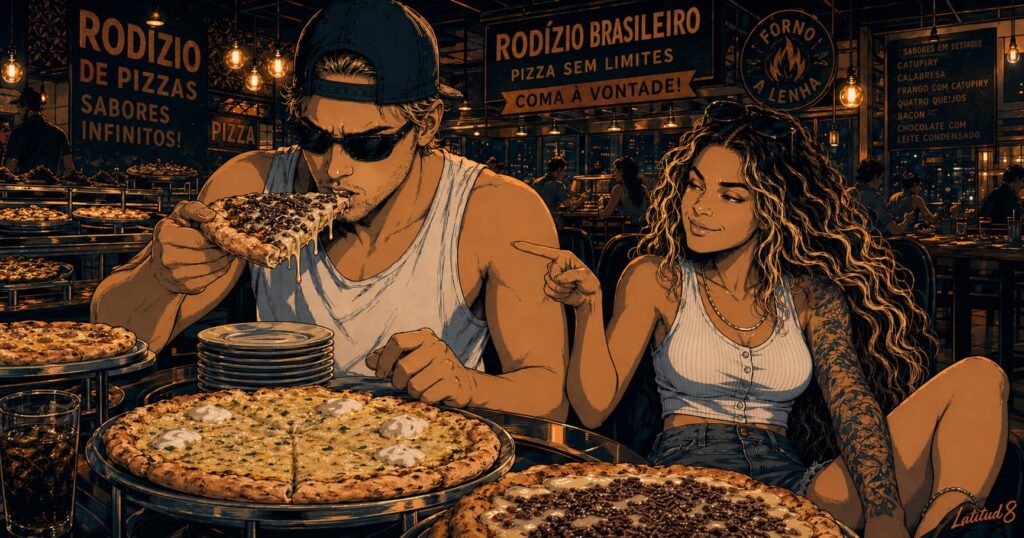 Keith and Steffany at a Brazilian rodizio pizza restaurant at night, stacked plates around them, Keith mid-bite looking baffled, Steffany pointing at the condensed milk pizza.