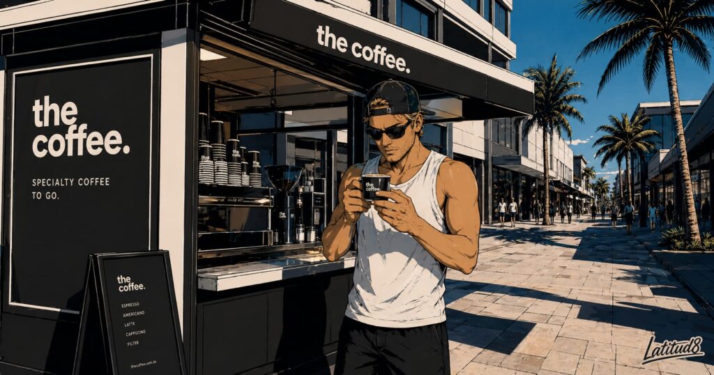 Keith standing at a small The Coffee kiosk in Fortaleza, holding an espresso cup with both hands, eyes half closed in quiet satisfaction.