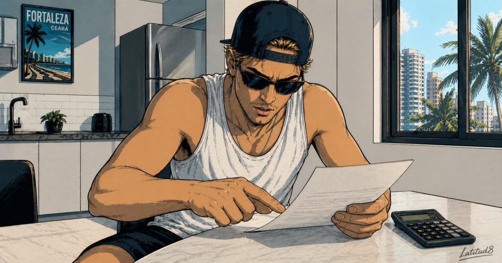 Keith studying a lease document at a Fortaleza apartment kitchen table, spotting the condominium fee line, expression of slow realisation.