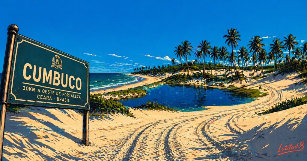 Cumbuco beach landscape — white sand dunes, deep blue lagoon, buggy tracks in the sand, palm trees at the edge of the dune field.