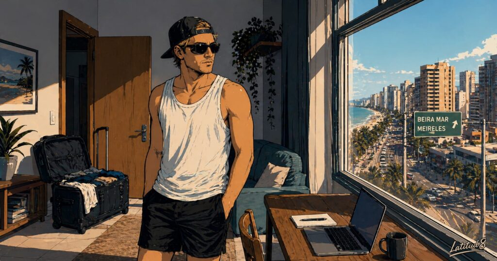 Keith surrounded by luggage inside an Airbnb apartment in Fortaleza, laptop open, looking out the window at a street below — the first-week energy.