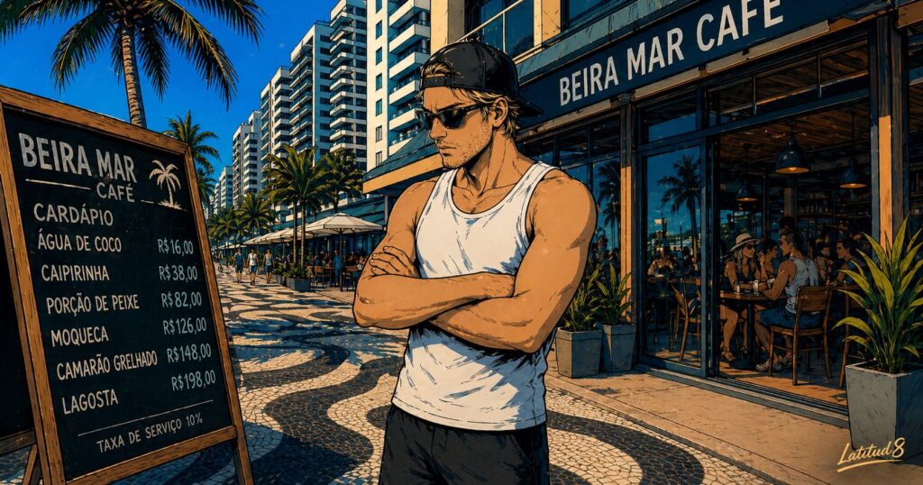 Keith outside a beachfront café on Beira Mar studying the menu board with a calculating expression, tourists visible inside behind him.