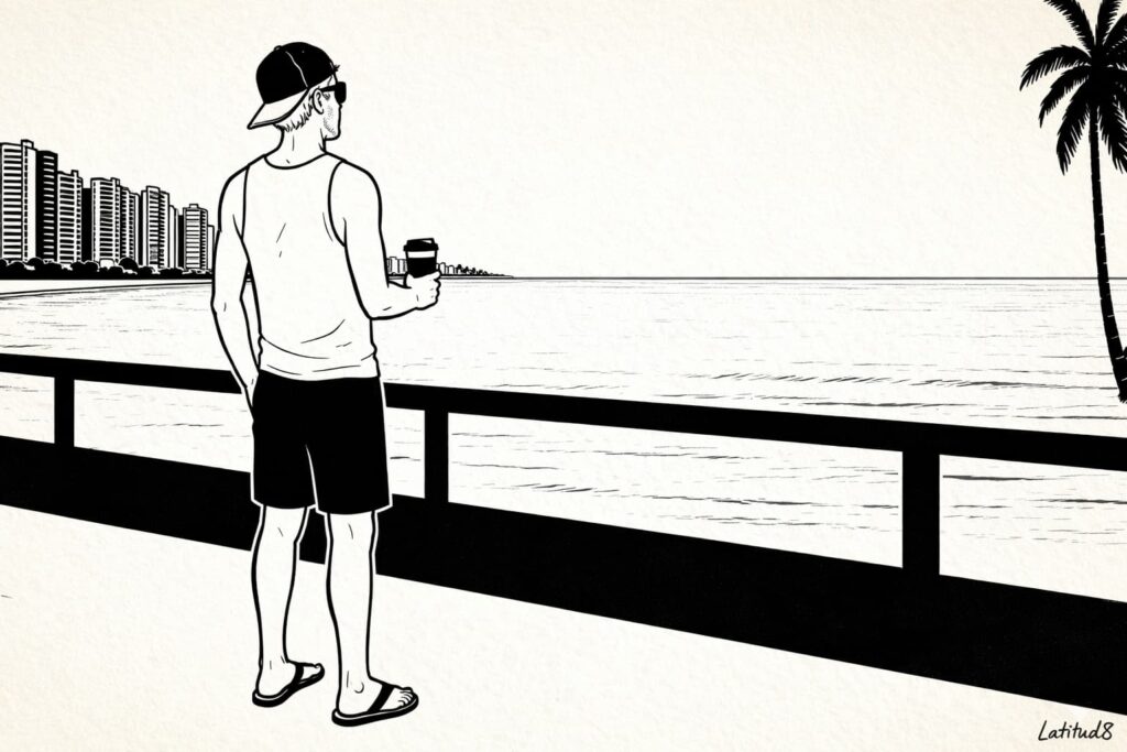 Keith standing at the Beira Mar promenade in Fortaleza with his back three-quarter turned, looking out at the Atlantic, the city skyline stretching to his left.