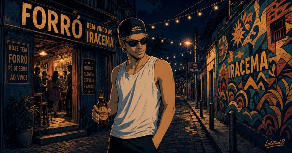 Keith on a narrow Iracema street at dusk, forró bar open behind him, string lights overhead, street art on the wall.