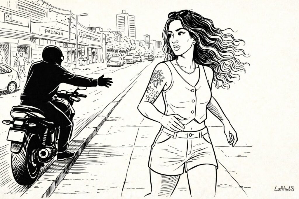 Steffany on an Aldeota street turning to run as a motorcycle rider reaches toward her — the moment of decision.