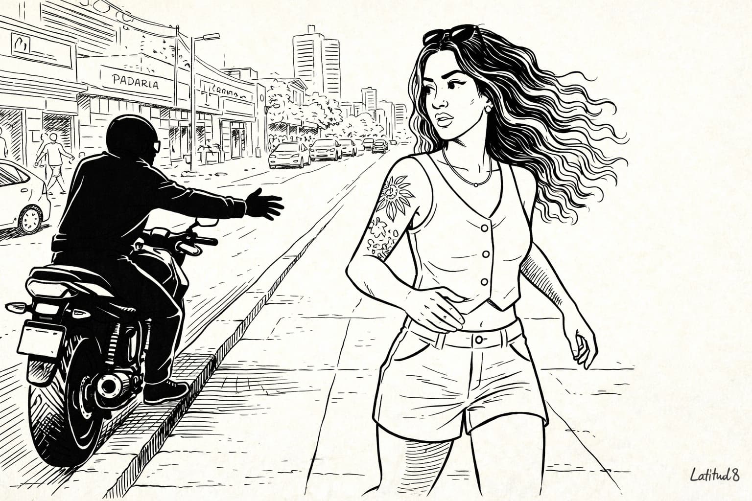 Steffany on an Aldeota street turning to run as a motorcycle rider reaches toward her — the moment of decision.
