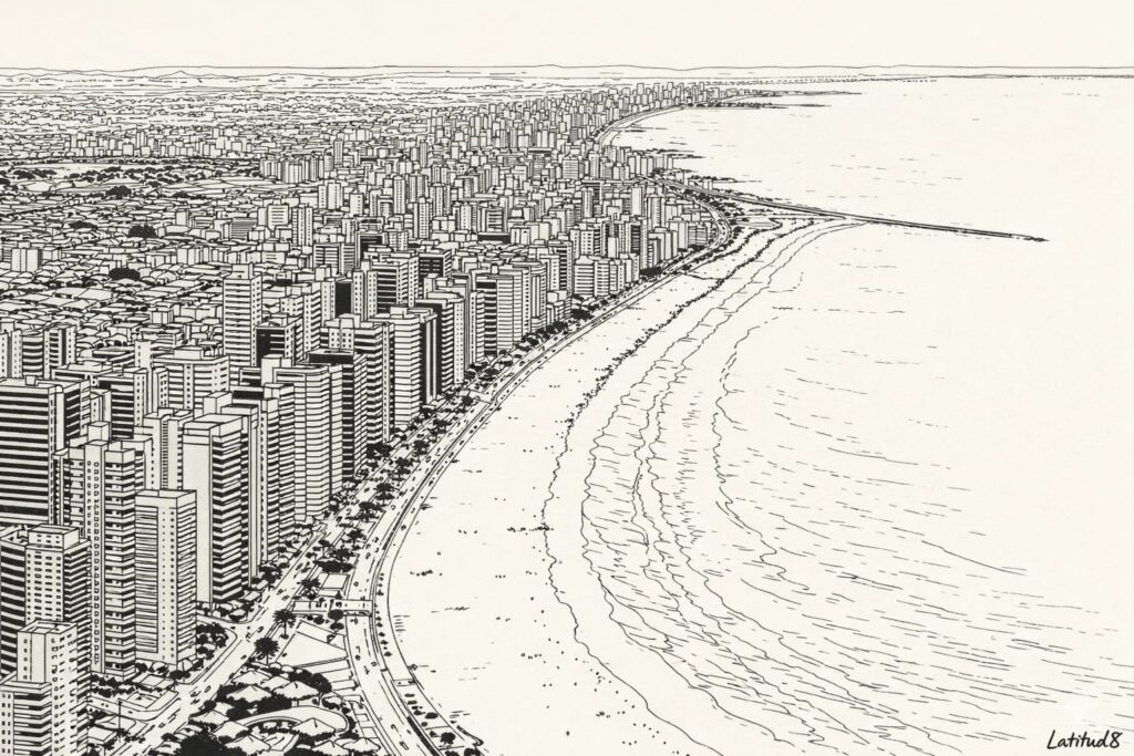 Line illustration of Fortaleza's coastline showing Meireles beachfront, high-rises, and the city stretching inland.