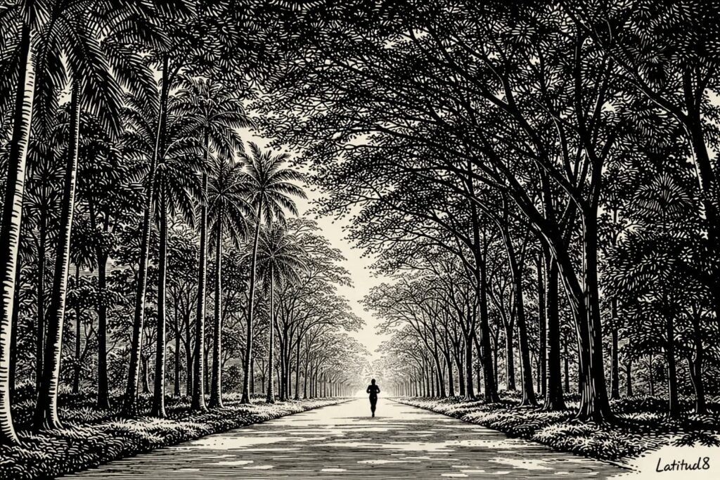 Early morning entrance path into Parque do Cocó, Fortaleza — tree canopy above, a lone jogger in the distance.
