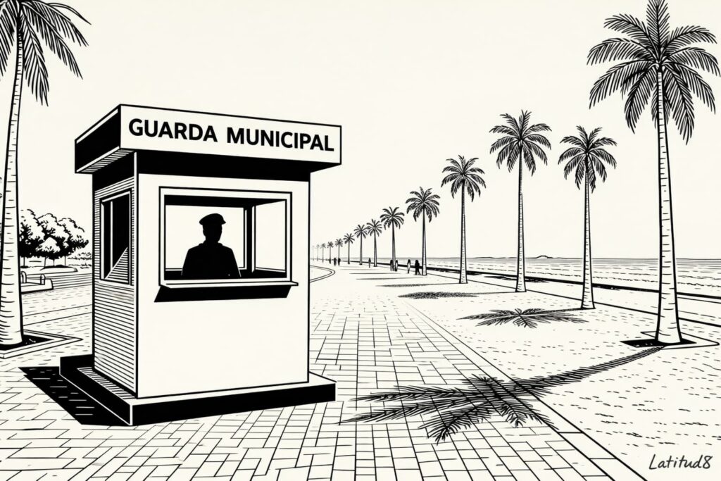 Guarda Municipal police hut on Avenida Beira Mar, Fortaleza — officer inside, promenade and beach stretching behind.
