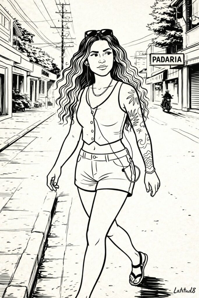 Steffany walking a busy Aldeota street, earphone cable showing, moto blurred in background — alert and composed.