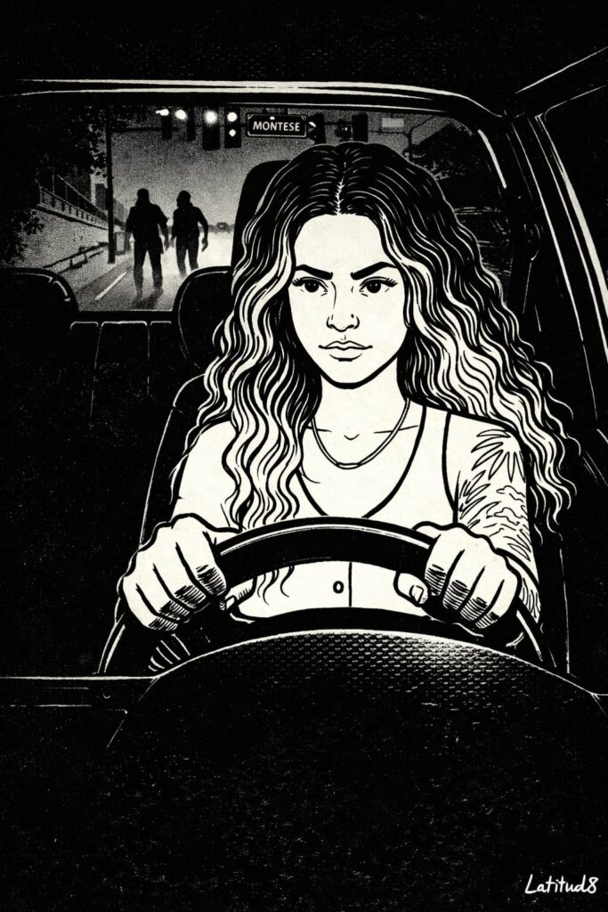 Steffany gripping a steering wheel at a Montese junction at night, composed and decisive, blurred figures outside.