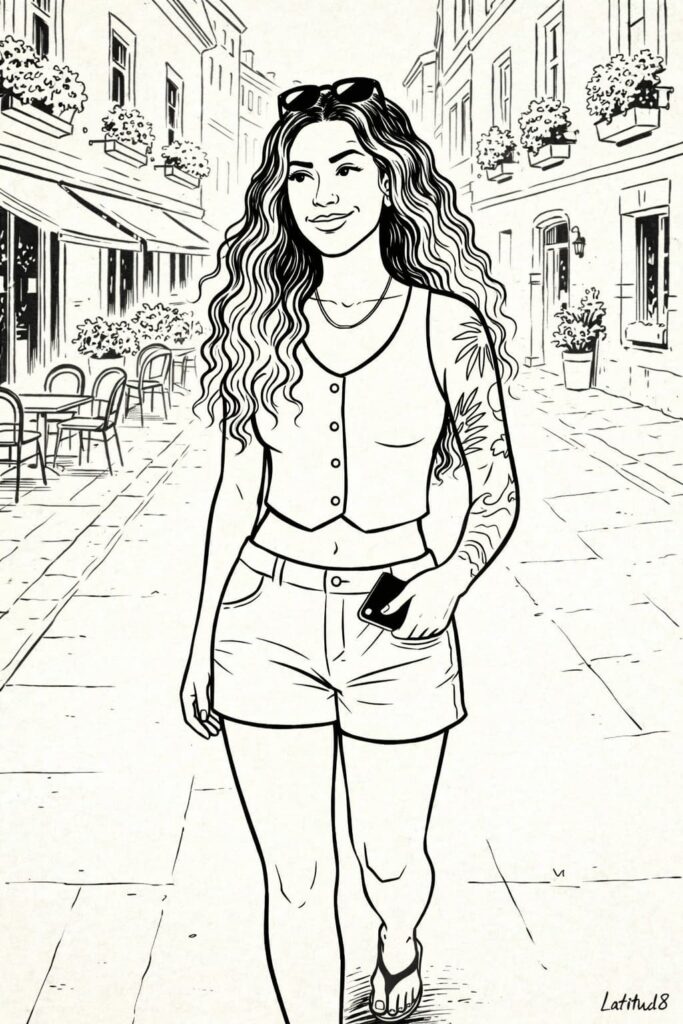 Steffany on a quiet European street, instinctively sliding her phone into her waistband out of pure habit.