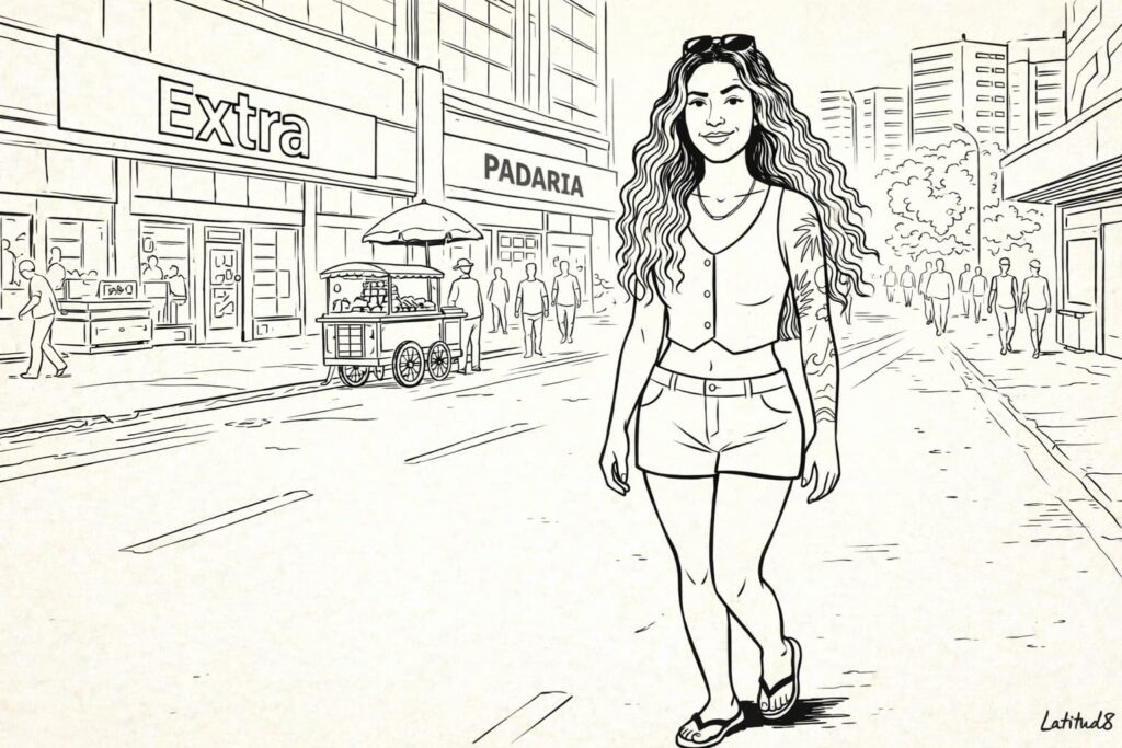 Steffany walking a busy Aldeota street past a supermarket and padaria — completely at ease in her neighbourhood.