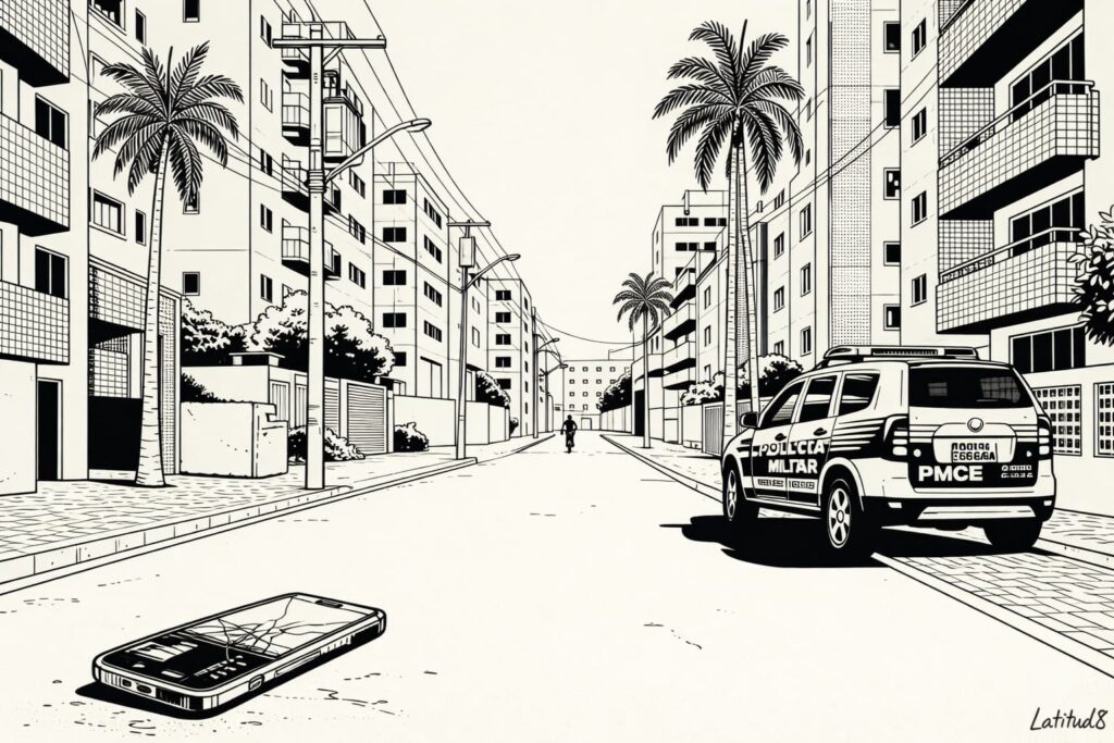 Fortaleza street with a bicycle disappearing around a corner and a police car parked fifty metres away.