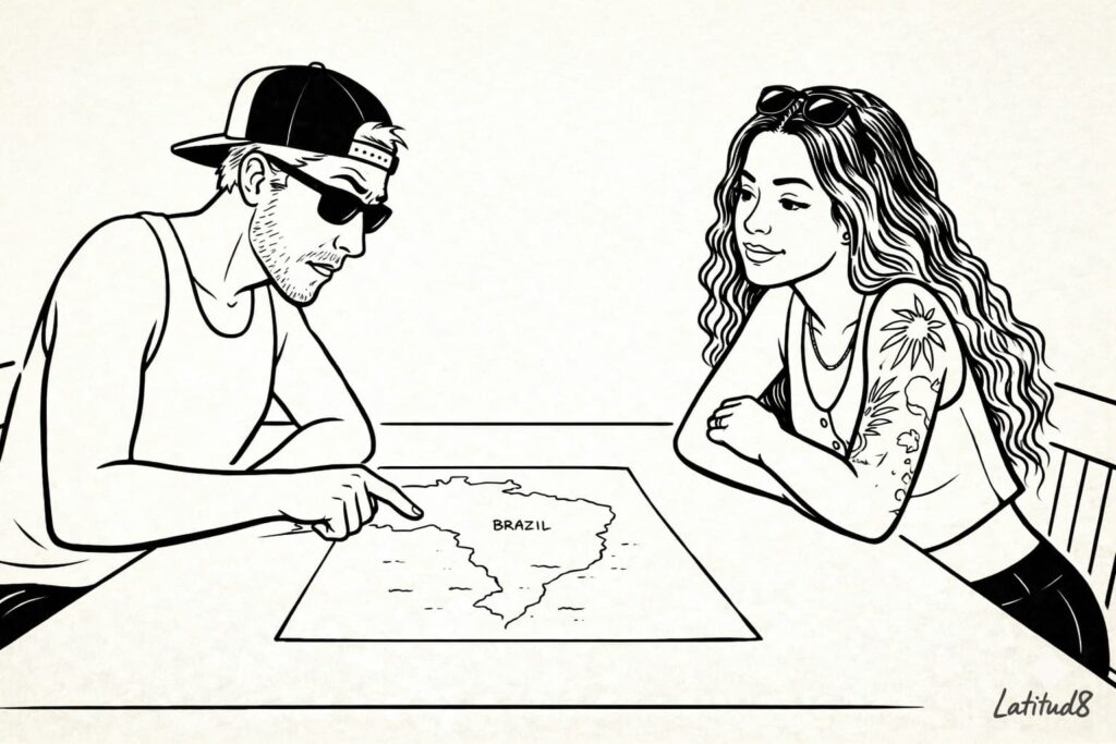 Keith and Steffany at a table with a rough Brazil map between them — Keith pointing at Fortaleza, Steffany patient.