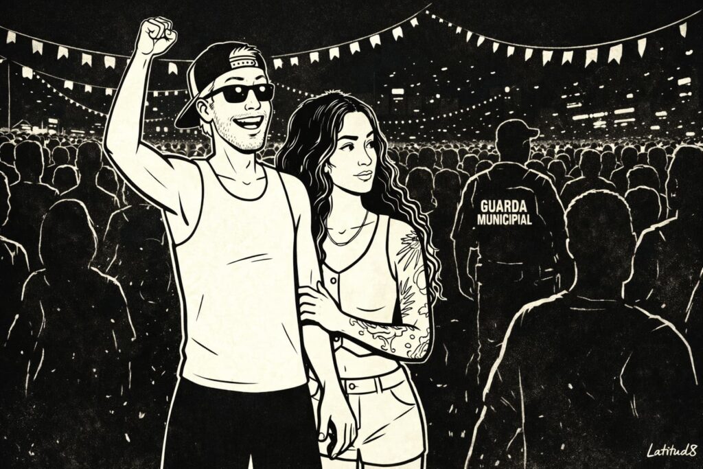 Keith and Steffany in a Carnaval crowd on Beira Mar at night — he's swept up in it, she's quietly alert.