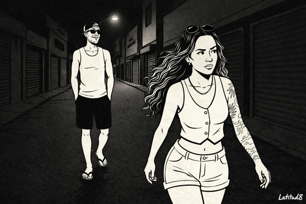 Keith sauntering and Steffany speed-walking down an empty Fortaleza side street at night — two very different reactions.