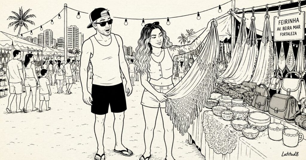 Keith and Steffany at Fortaleza's Feirinha craft market on Beira Mar — stalls, string lights, hammocks.