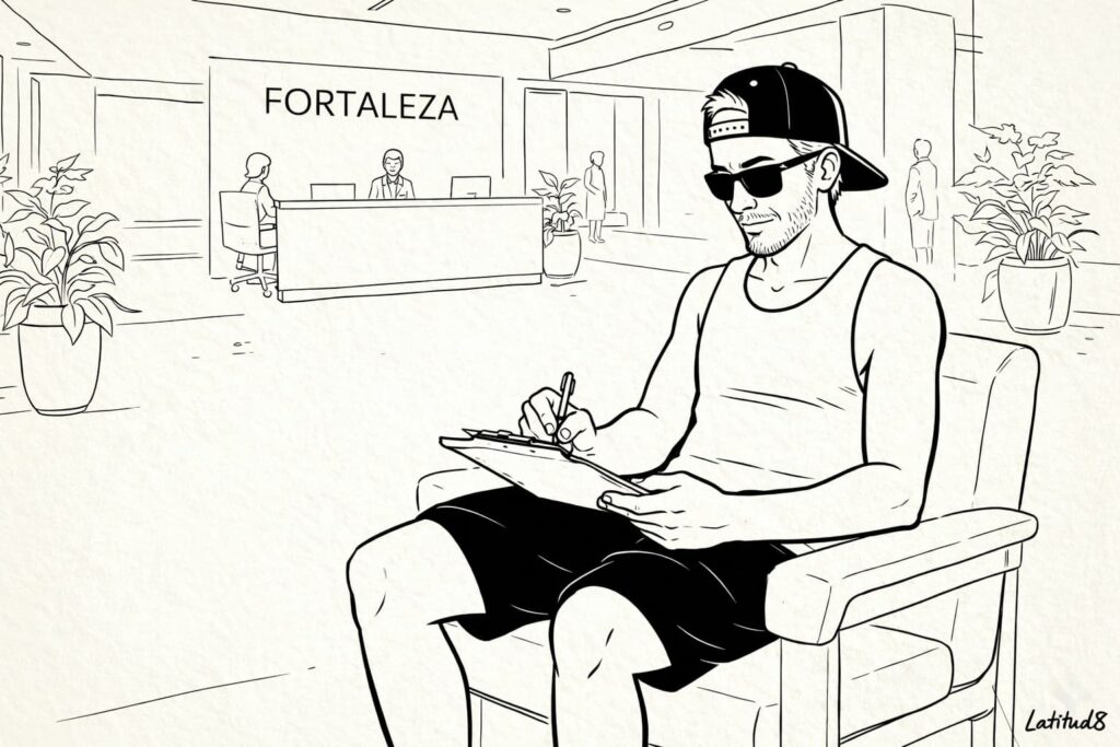 Keith in a bright Fortaleza private hospital reception, filling in paperwork calmly — prepared and covered.