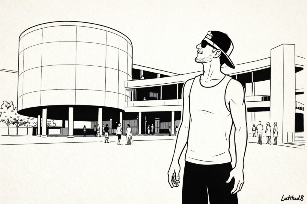 Keith outside Centro Dragão do Mar in Iracema, Fortaleza, daytime — looking up at the curved architecture with interest.