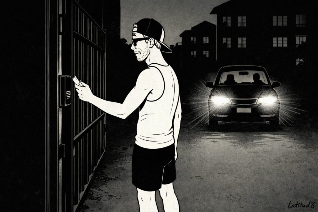 Keith outside a gated Fortaleza apartment complex at night, keycard not scanning, friends' car idling behind him.