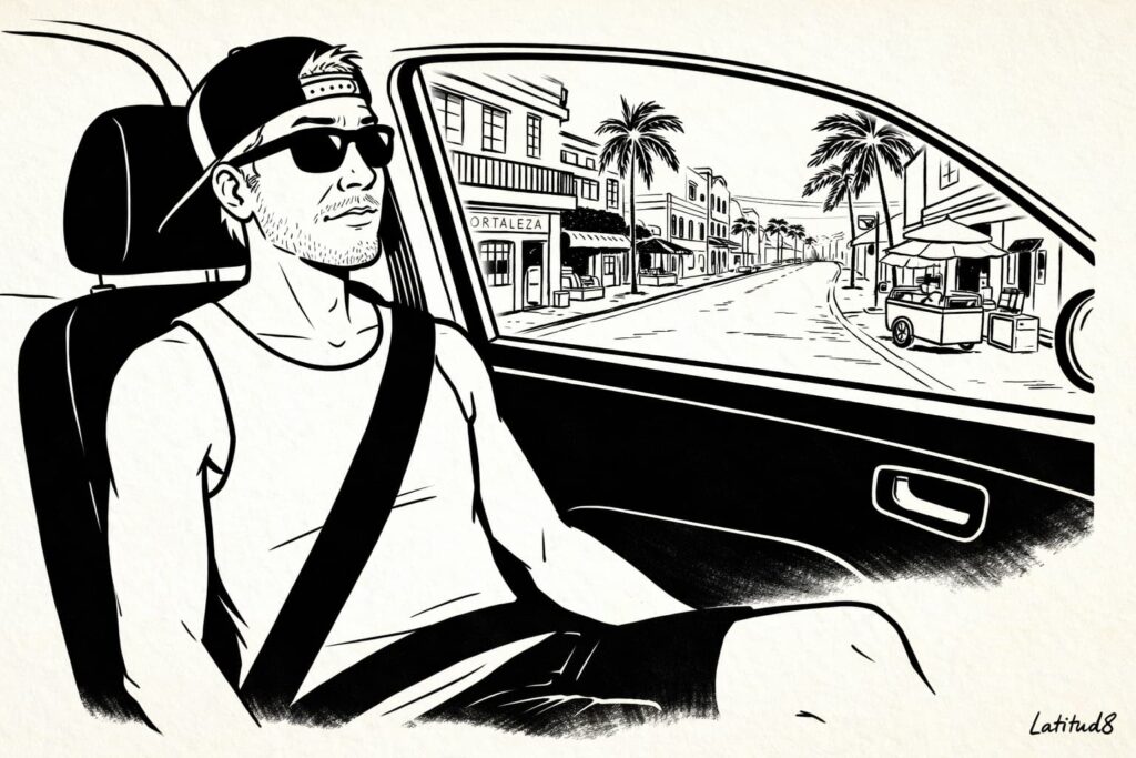 Keith in a car passenger seat with seatbelt on, looking out at Fortaleza streets, caught mid-thought.